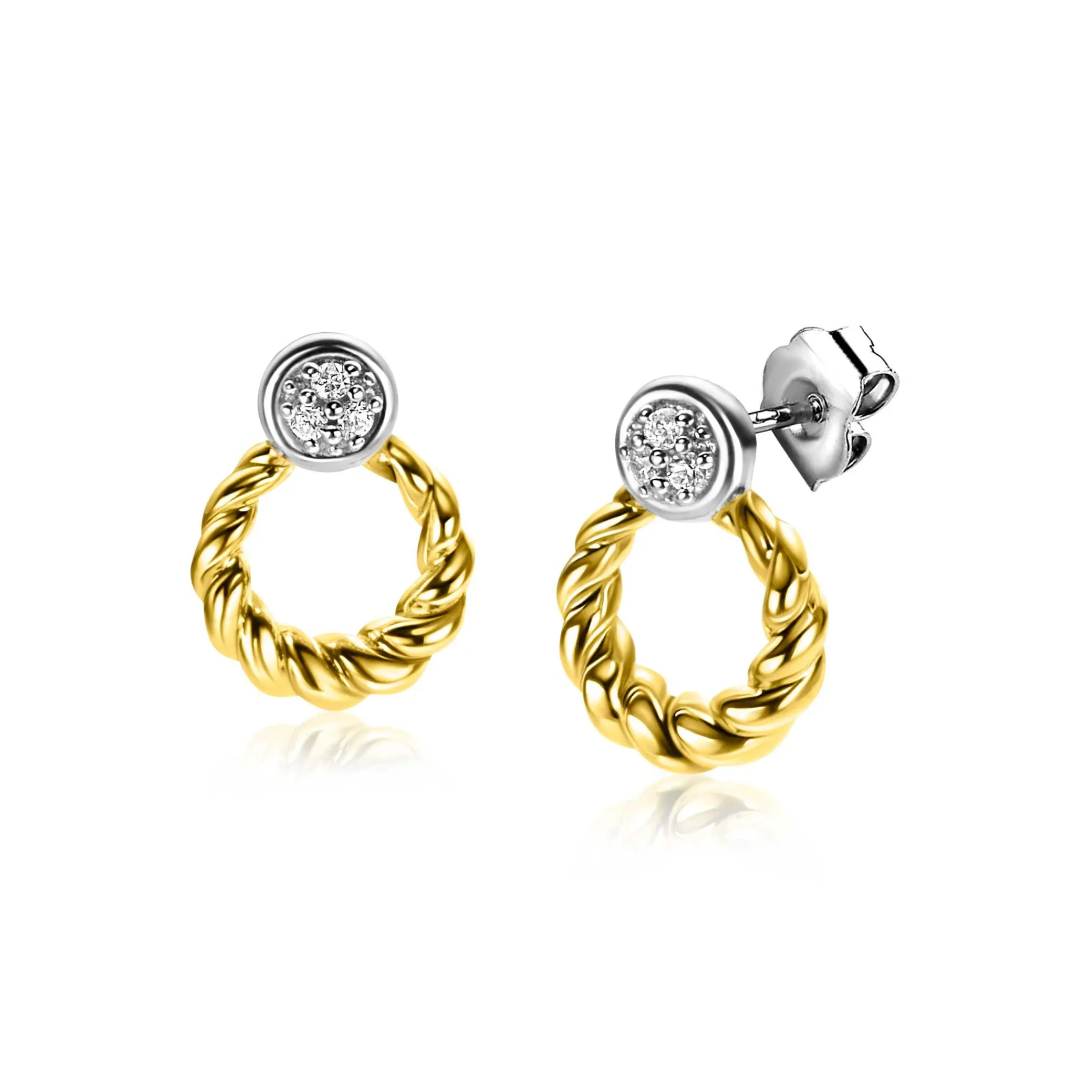 Sale Zinzi zilveren bicolor ronde oorstekers 12mm gedraaid motief, bezet met witte zirconia's ZIO2390Y