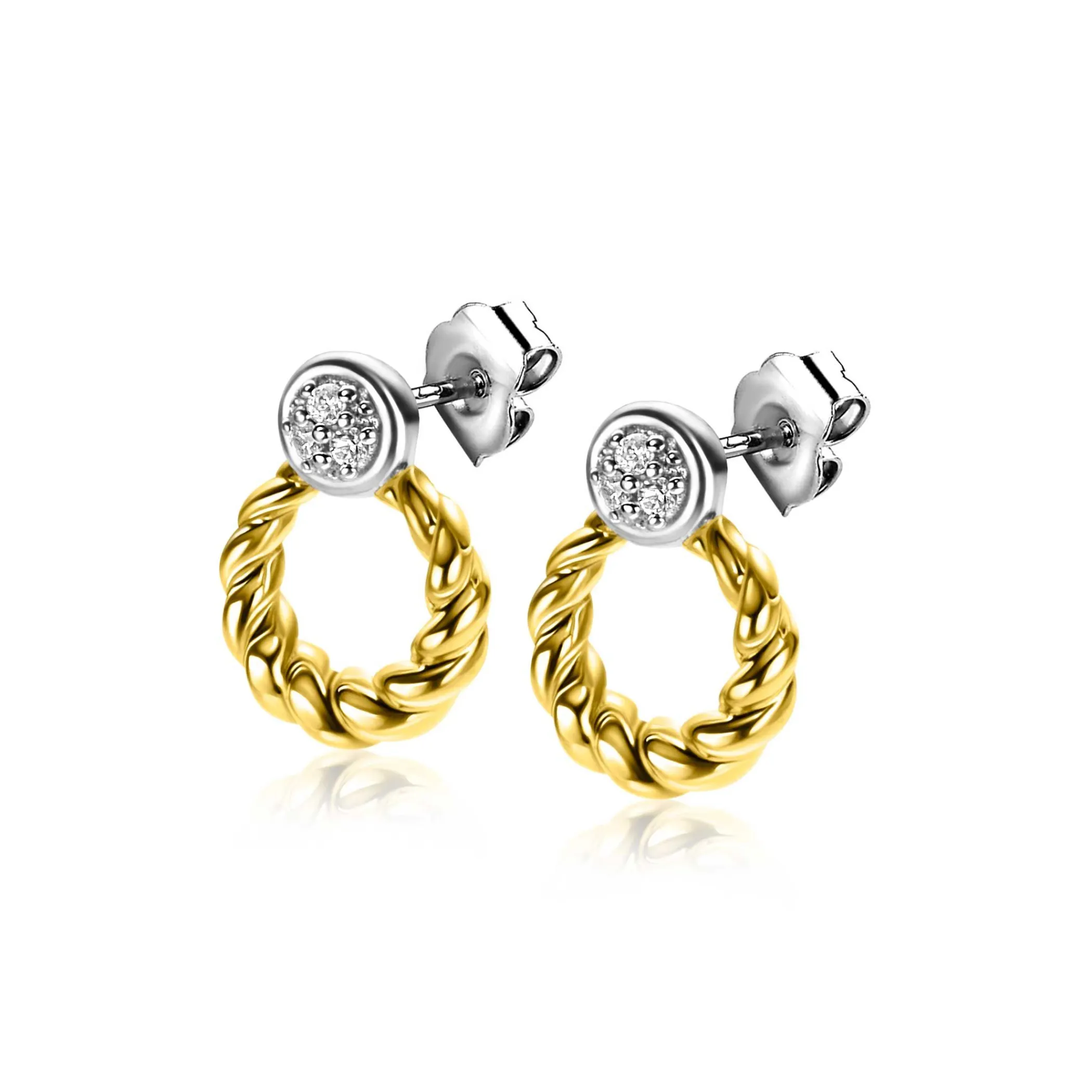 Sale Zinzi zilveren bicolor ronde oorstekers 12mm gedraaid motief, bezet met witte zirconia's ZIO2390Y