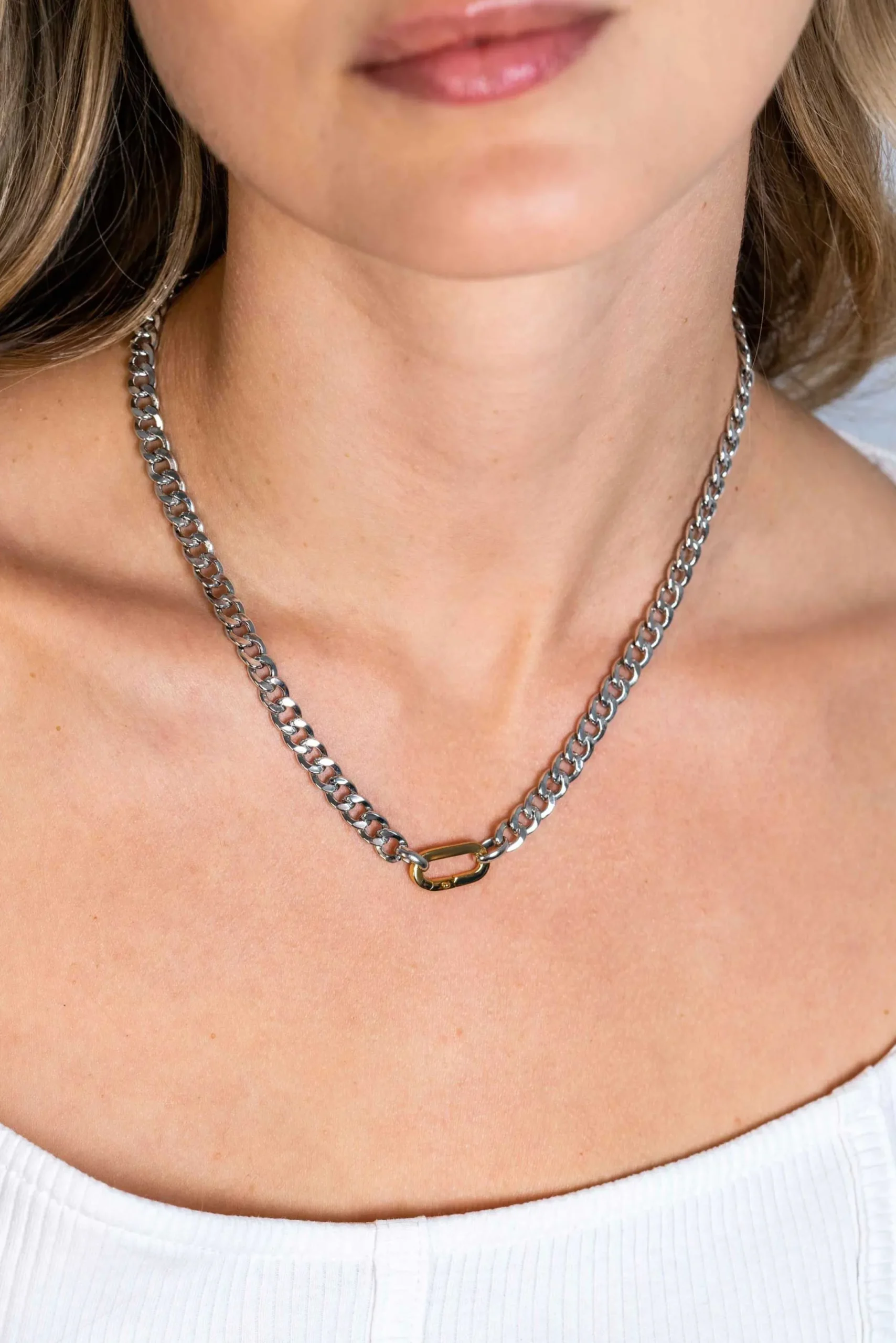 Discount Zinzi zilveren brede gourmet ketting 42cm met ovale sluitring in 14K geel verguld ZIC2378
