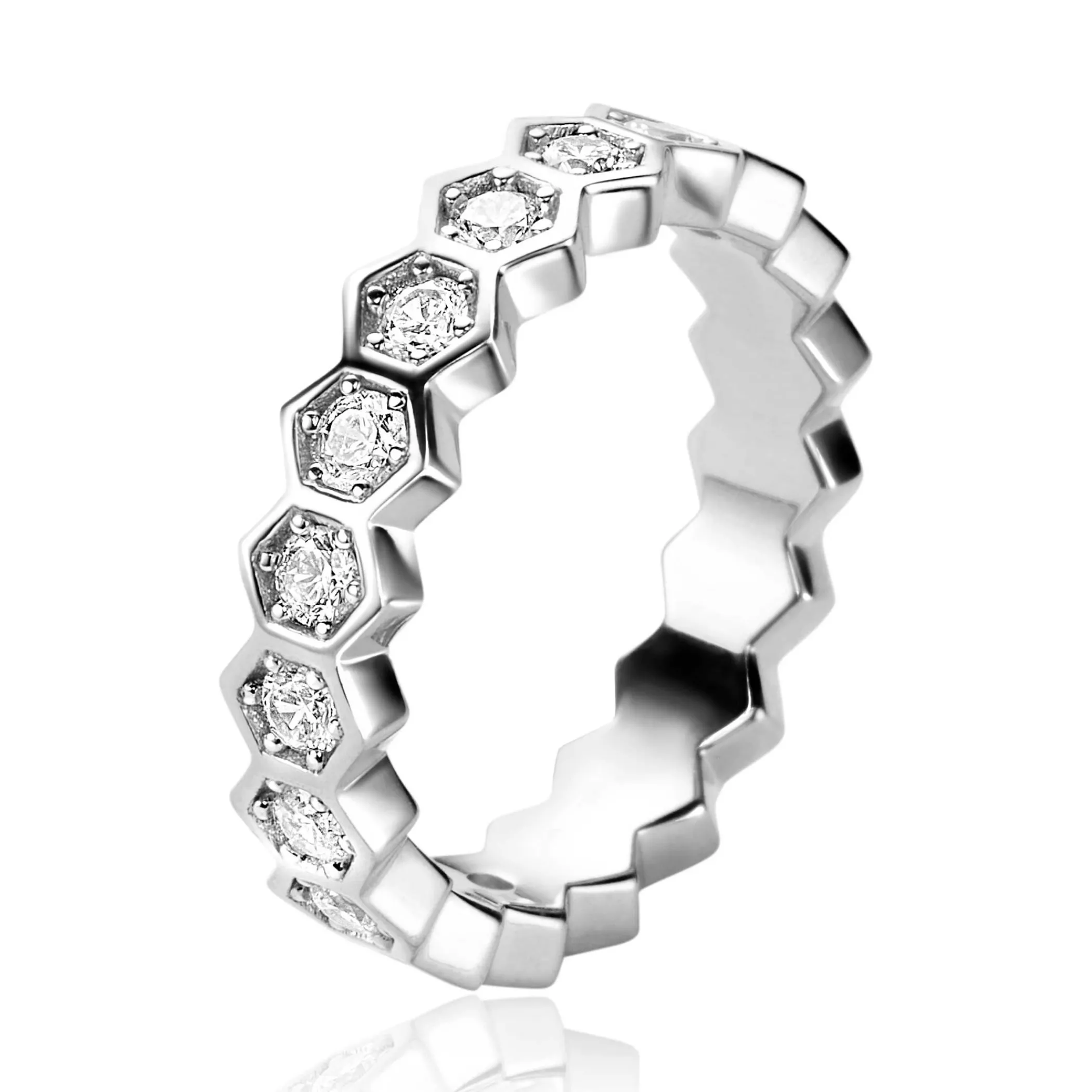 Online Zinzi zilveren brede ring met zeshoeksvormen, bezet met witte zirconia's ZIR2543