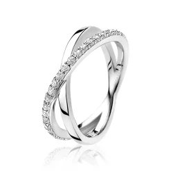 Outlet Zinzi zilveren cross-over ring glad wit ZIR1569