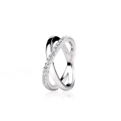 Outlet Zinzi zilveren cross-over ring glad wit ZIR1569
