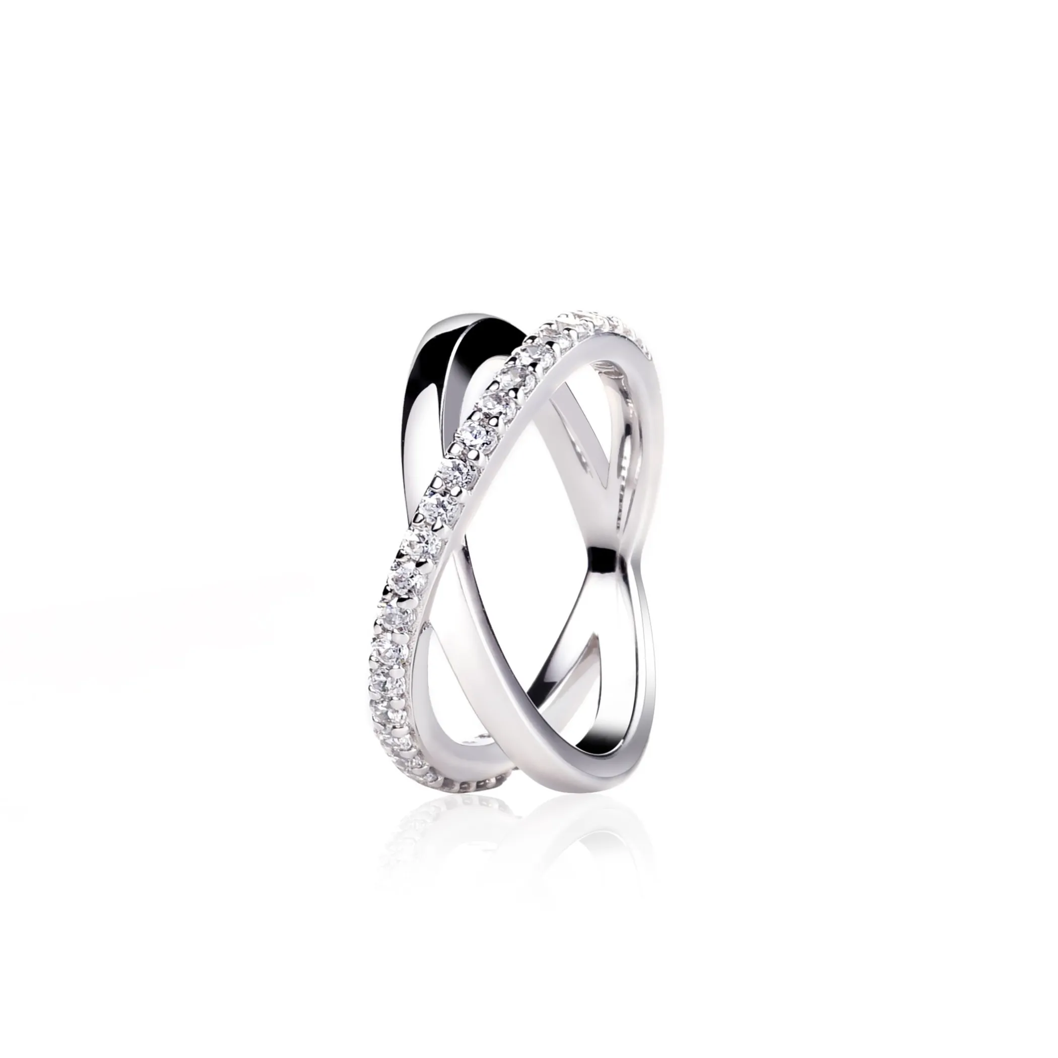 Outlet Zinzi zilveren cross-over ring glad wit ZIR1569