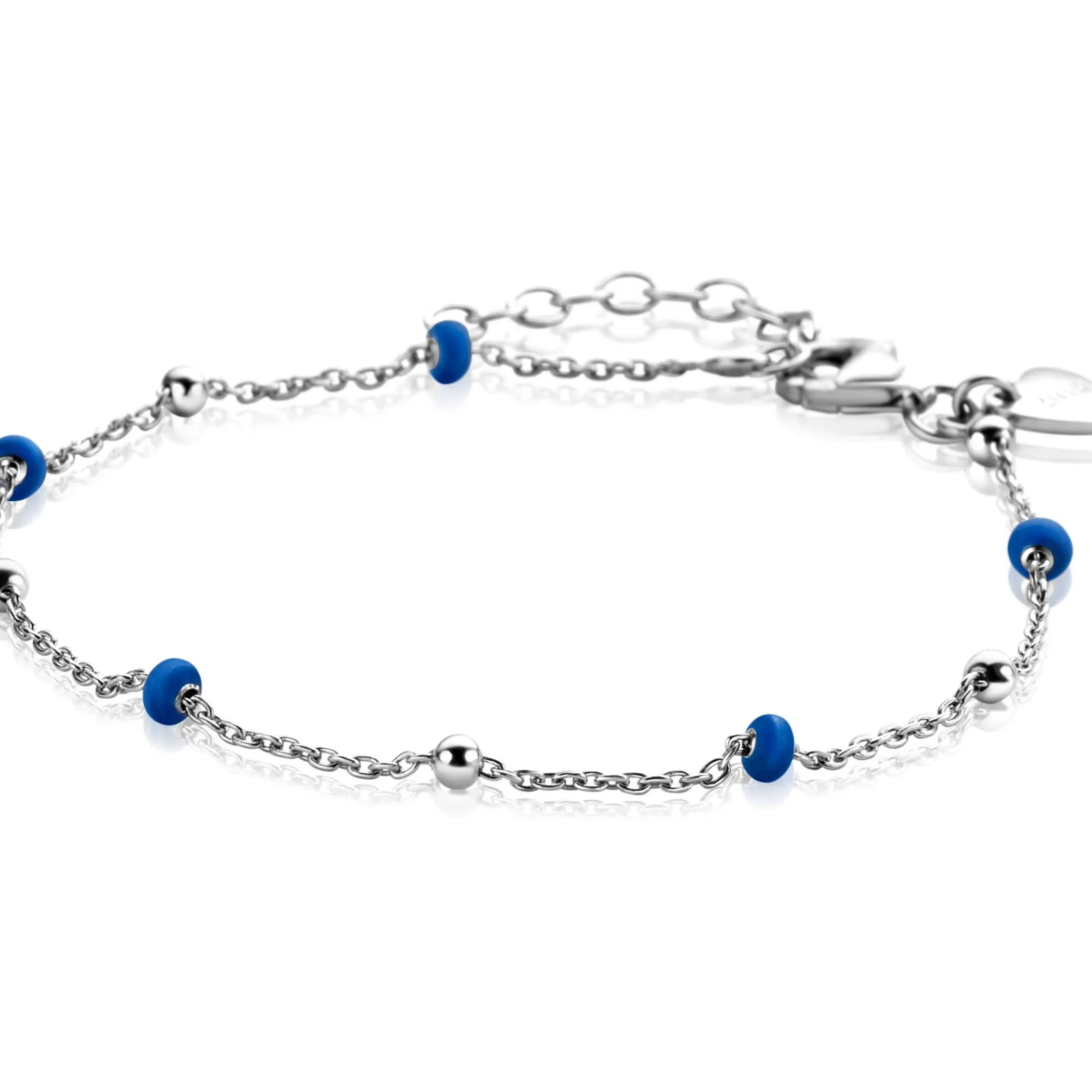Online Zinzi zilveren fantasie armband met 5 blauwe donuts en glanzende bolletjes 17-19,5cm ZIA2511