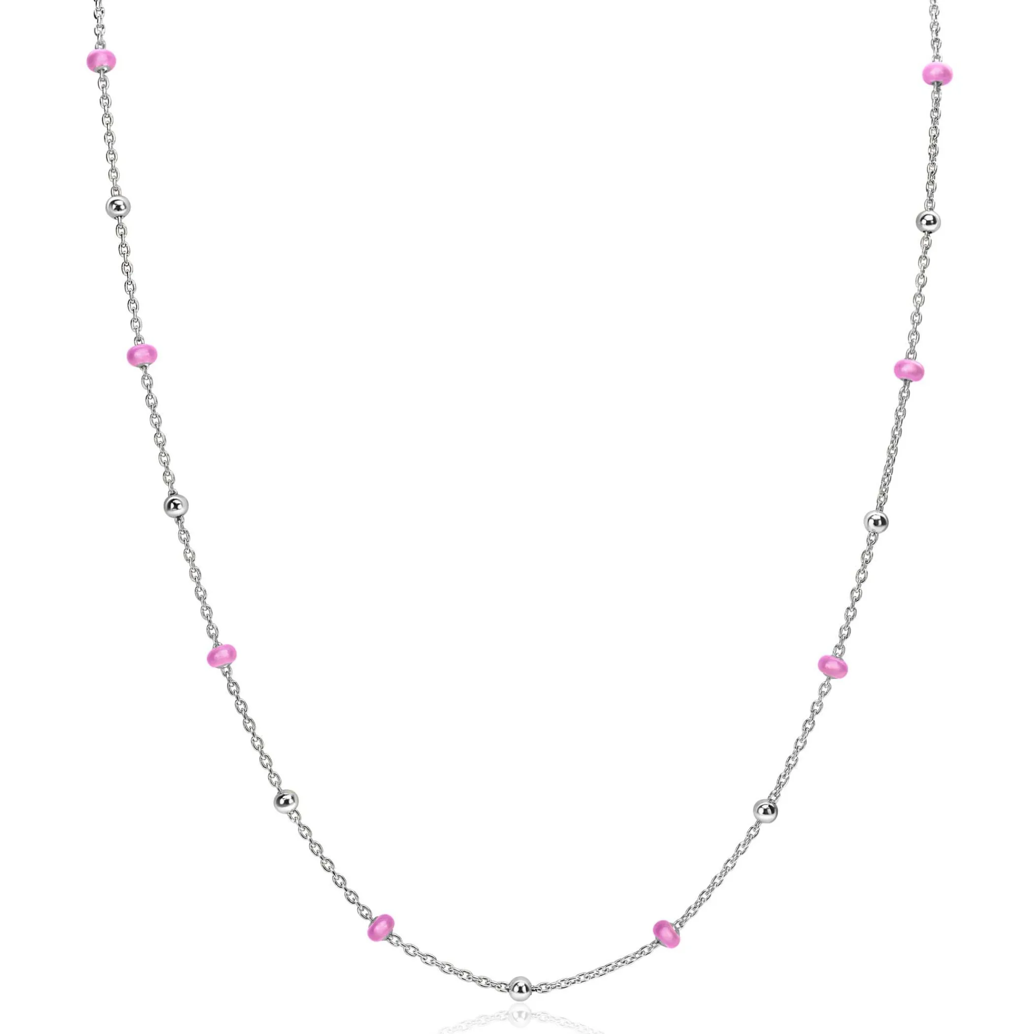 Discount Zinzi zilveren fantasie ketting met 13 roze donuts en glanzende bolletjes 42-45cm ZIC2510