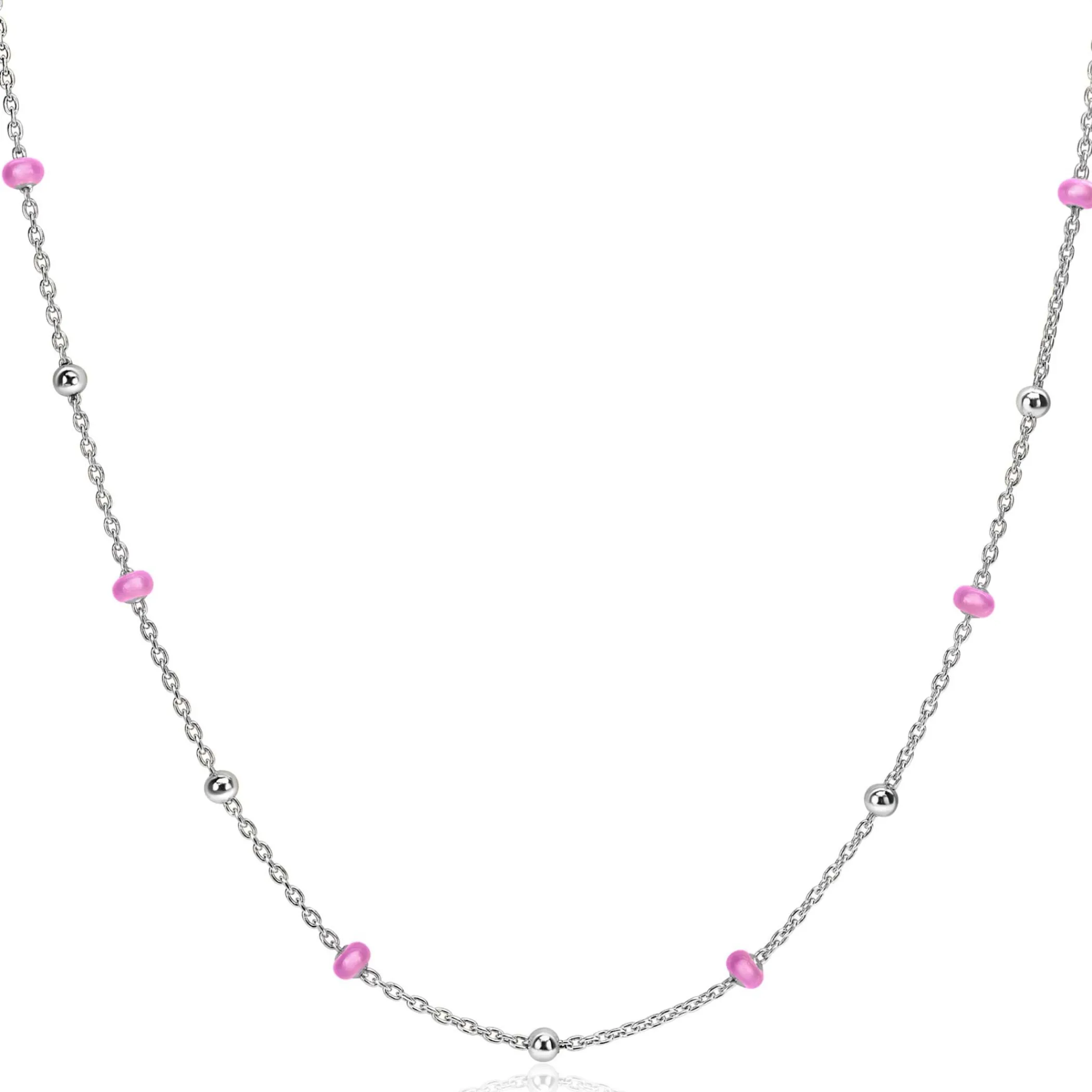 Discount Zinzi zilveren fantasie ketting met 13 roze donuts en glanzende bolletjes 42-45cm ZIC2510