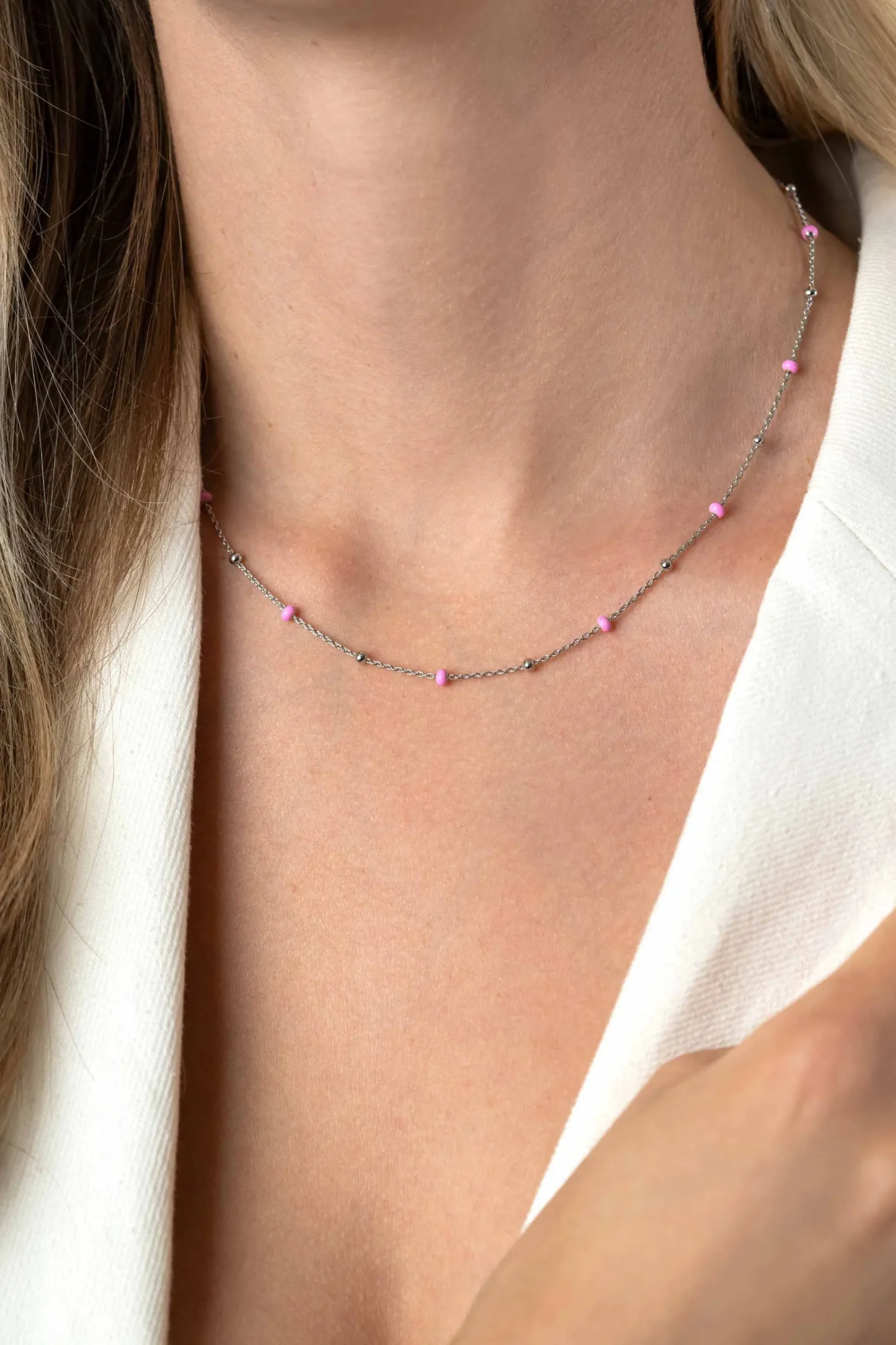 Discount Zinzi zilveren fantasie ketting met 13 roze donuts en glanzende bolletjes 42-45cm ZIC2510