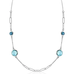 Discount Zinzi zilveren fantasie ketting met paperclip schakels en vier ronde zettingen bezet met licht blauwe en indigo blauwe kleurstenen 40-45cm ZIC2418