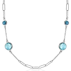 Discount Zinzi zilveren fantasie ketting met paperclip schakels en vier ronde zettingen bezet met licht blauwe en indigo blauwe kleurstenen 40-45cm ZIC2418
