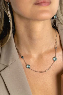 Discount Zinzi zilveren fantasie ketting met paperclip schakels en vier ronde zettingen bezet met licht blauwe en indigo blauwe kleurstenen 40-45cm ZIC2418