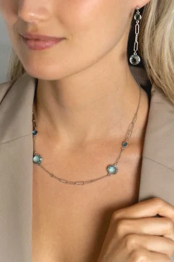 Discount Zinzi zilveren fantasie ketting met paperclip schakels en vier ronde zettingen bezet met licht blauwe en indigo blauwe kleurstenen 40-45cm ZIC2418