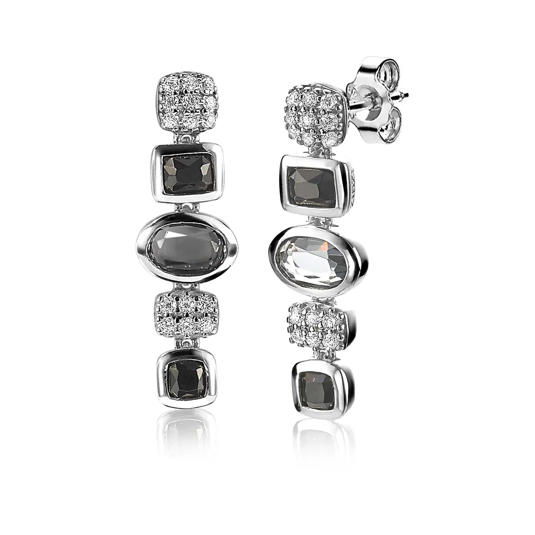 Outlet Zinzi zilveren fantasie oorsieraden 25mm met witte zirconia's en grijs zwarte kleurstenen ZIO1944