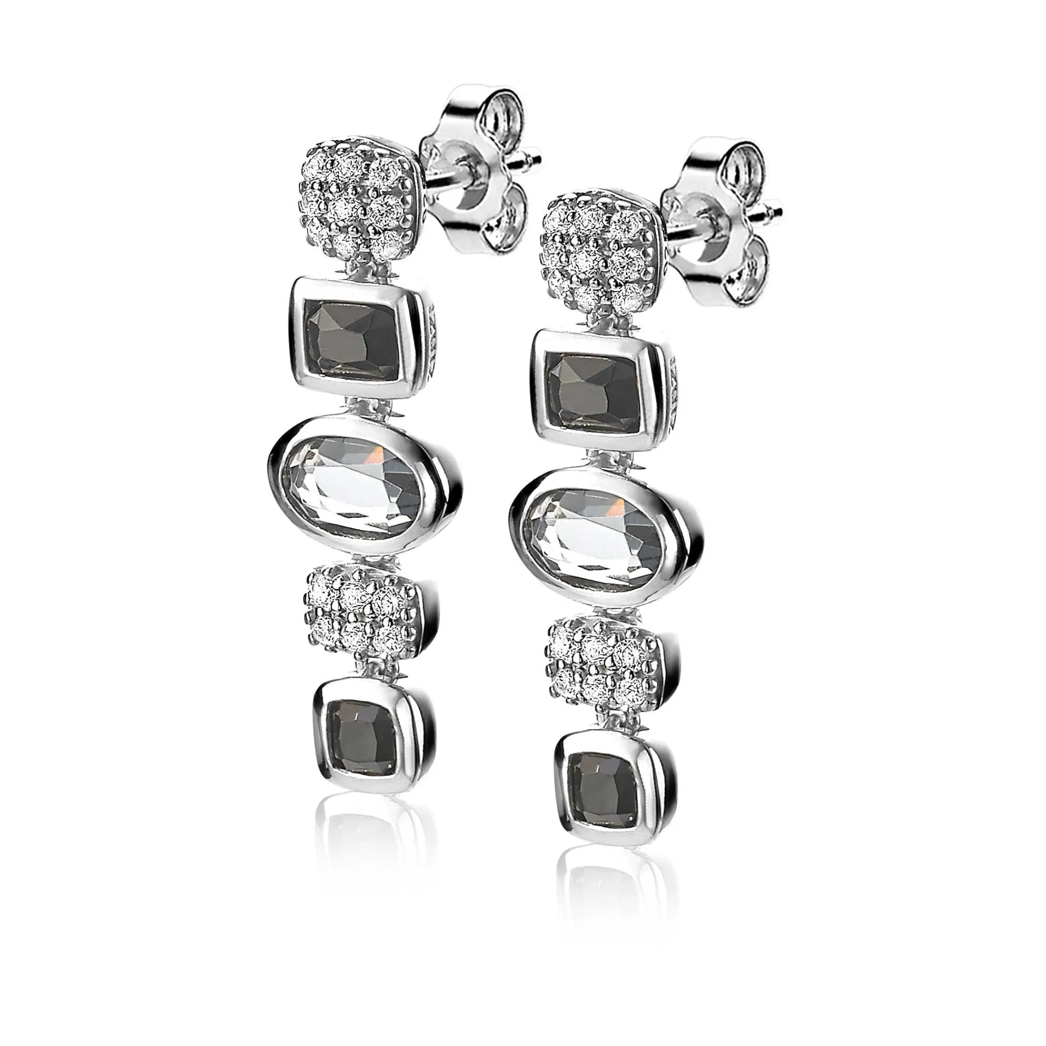 Outlet Zinzi zilveren fantasie oorsieraden 25mm met witte zirconia's en grijs zwarte kleurstenen ZIO1944