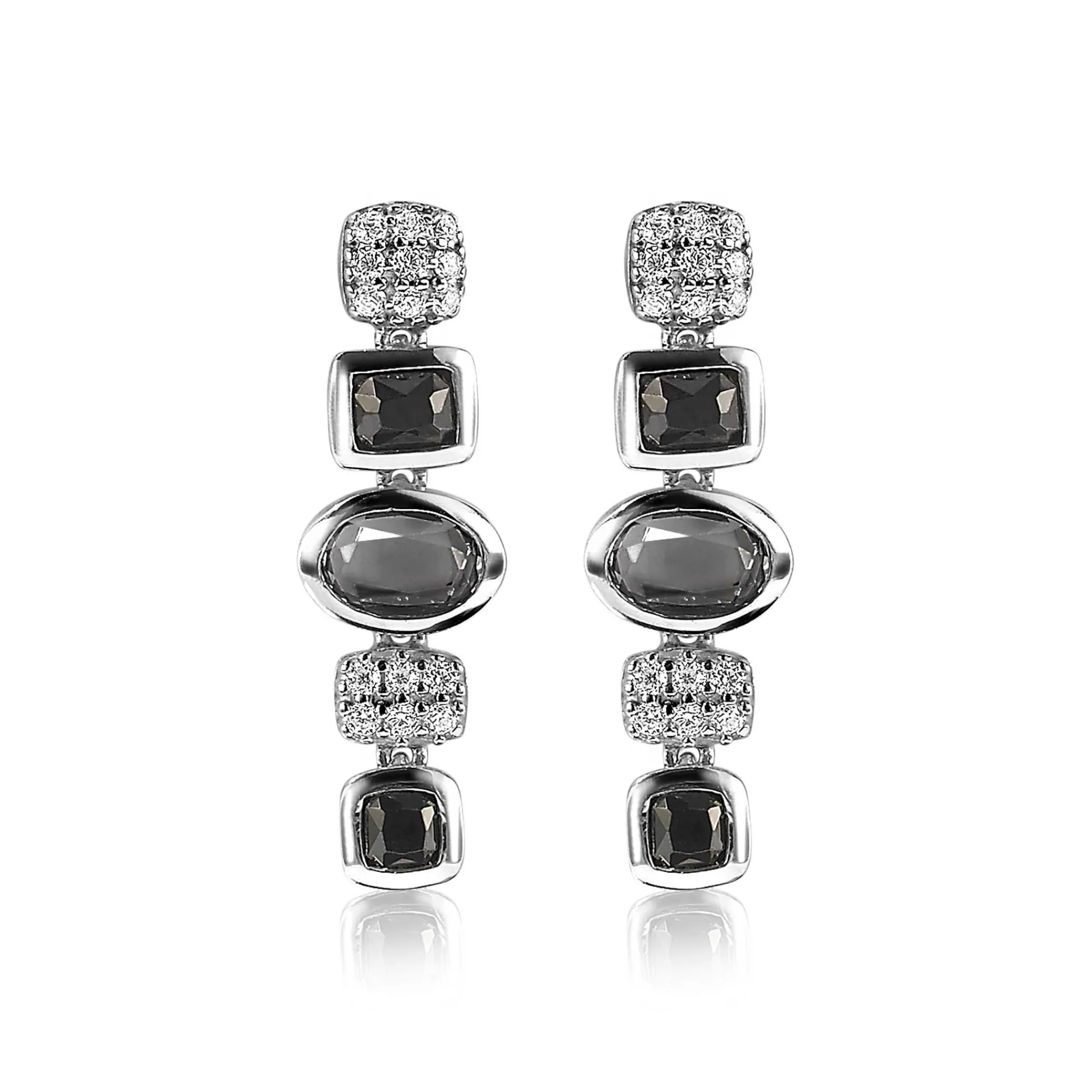 Outlet Zinzi zilveren fantasie oorsieraden 25mm met witte zirconia's en grijs zwarte kleurstenen ZIO1944