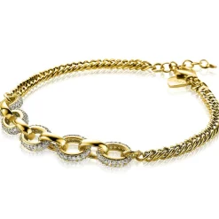 Online Zinzi zilveren gourmet armband 14K geel verguld grove ovale schakels bicolor witte zirconia ZIA2203Y