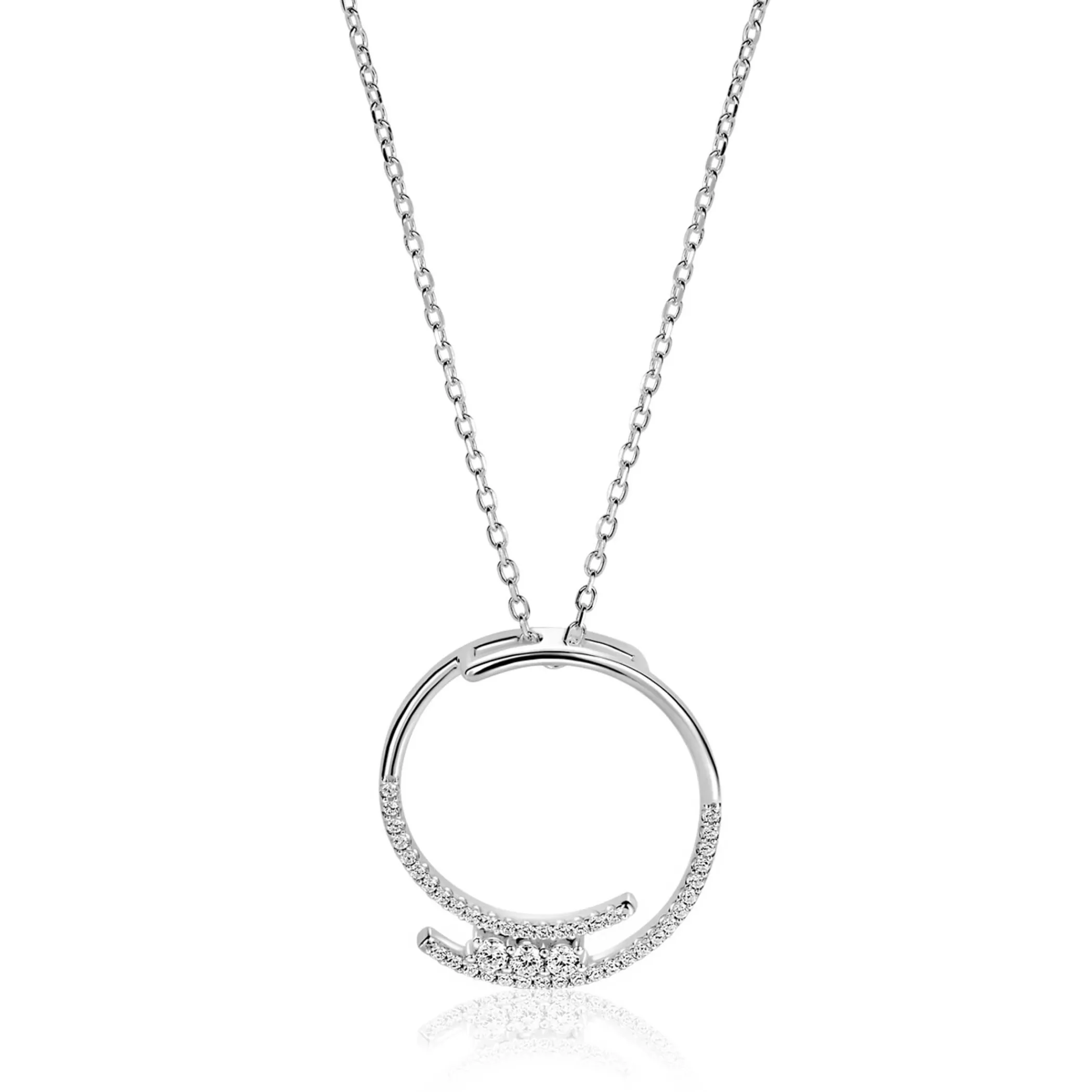 New Zinzi zilveren ketting met grote open ronde hanger 25mm bezet met witte zirkonia's 45-50 cm ZIC2645