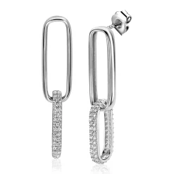 Sale Zinzi zilveren lange oorsieraden 38mm met twee ovale schakels, bezet met witte zirconia's ZIO2371