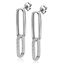 Sale Zinzi zilveren lange oorsieraden 38mm met twee ovale schakels, bezet met witte zirconia's ZIO2371