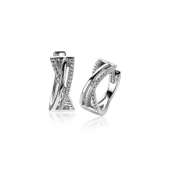 New Zinzi zilveren luxe cross-over oorringen (15 x 6mm) bolletjes glad witte zirconia's ZIO2141