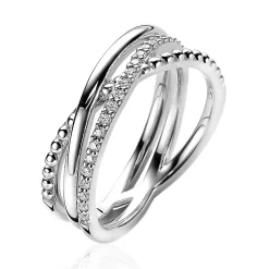 Online Zinzi zilveren luxe cross-over ring bolletjes glad witte zirconia's ZIR2141