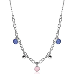 Clearance Zinzi zilveren luxe jasseron ketting 45cm met bolletjes en bedels rond in roze en blauw ZIC2005
