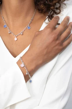 Clearance Zinzi zilveren luxe jasseron ketting 45cm met bolletjes en bedels rond in roze en blauw ZIC2005