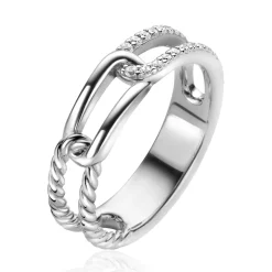Online Zinzi zilveren luxe ring 5mm breed met drie paperclip schakels, glad bewerkt witte zirconia's ZIR2330