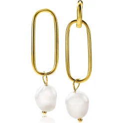 Discount Zinzi zilveren oorbedels 14K geel verguld 43mm ovaal witte parel ZICH2188G (zonder oorringen)