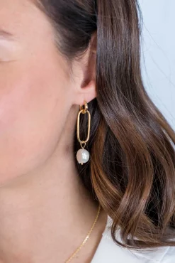 Discount Zinzi zilveren oorbedels 14K geel verguld 43mm ovaal witte parel ZICH2188G (zonder oorringen)