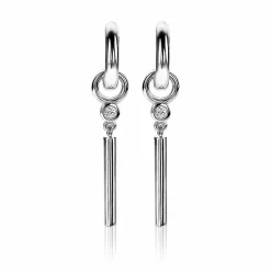 Outlet Zinzi zilveren oorbedels 26 mm glad rond staafje witte zirconia's ZICH2143 (zonder oorringen)
