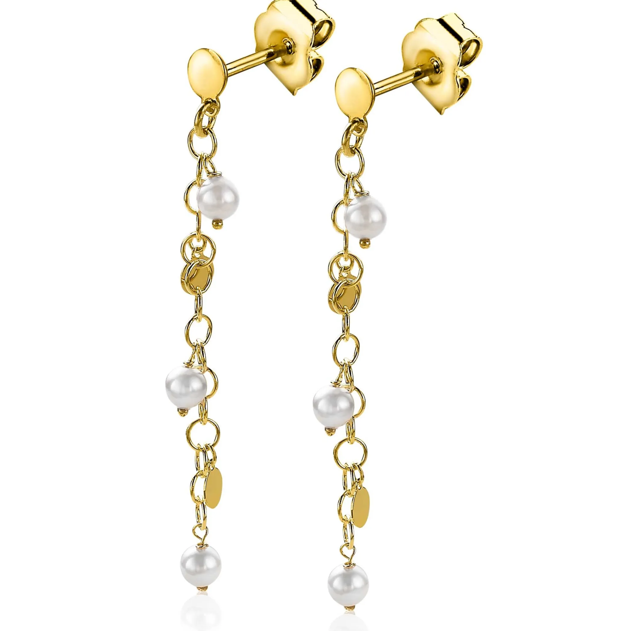 Online Zinzi zilveren oorhangers 50mm 14K geel verguld ronde plaatjes en witte parels ZIO2186G