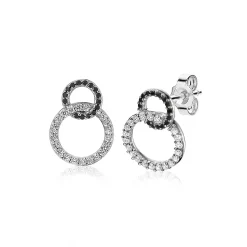 New Zinzi zilveren oorknoppen twee rondjes zwarte en witte zirconia's ZIO1987