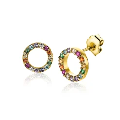 Online Zinzi zilveren oorknoppen 14K geel verguld 8mm bezet regenboog ZIO2170