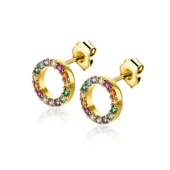 Online Zinzi zilveren oorknoppen 14K geel verguld 8mm bezet regenboog ZIO2170