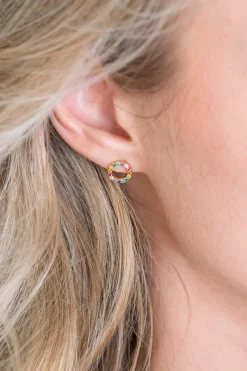 Online Zinzi zilveren oorknoppen 14K geel verguld 8mm bezet regenboog ZIO2170