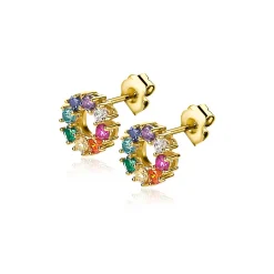Hot Zinzi zilveren oorknoppen 14K geel verguld 10mm bezet regenboog ZIO2172