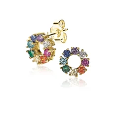 Hot Zinzi zilveren oorknoppen 14K geel verguld 10mm bezet regenboog ZIO2172
