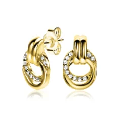 Outlet Zinzi zilveren oorstekers 14K geelverguld 13mm met elkaar verbonden ronde vormen glad en witte zirconia ZIO2266Y