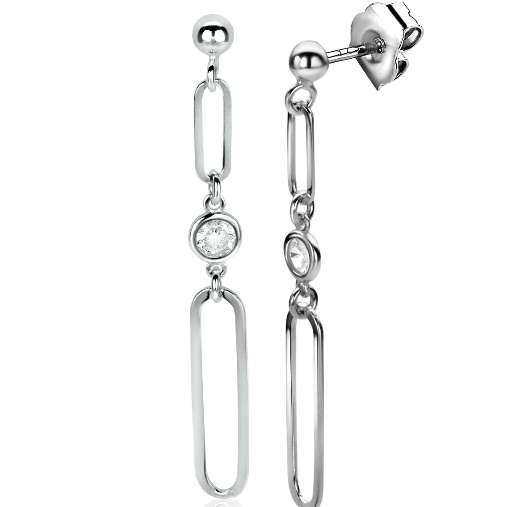 Outlet Zinzi zilveren oorstekers lange paperclip ketting met ronde witte zirconia 49mm ZIO2364