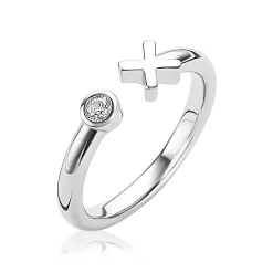 Online Zinzi zilveren open ring kruisje rond wit ZIR1821