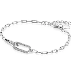 Discount Zinzi zilveren paperclip schakelarmband met twee verbonden ovale schakels bezet met witte zirkonia's 17-20cm ZIA2690