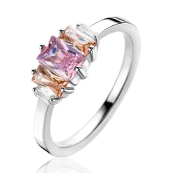 Online Zinzi zilveren ring, bezet met baguette geslepen zirconia's in de kleuren wit, champagne en roze ZIR2490
