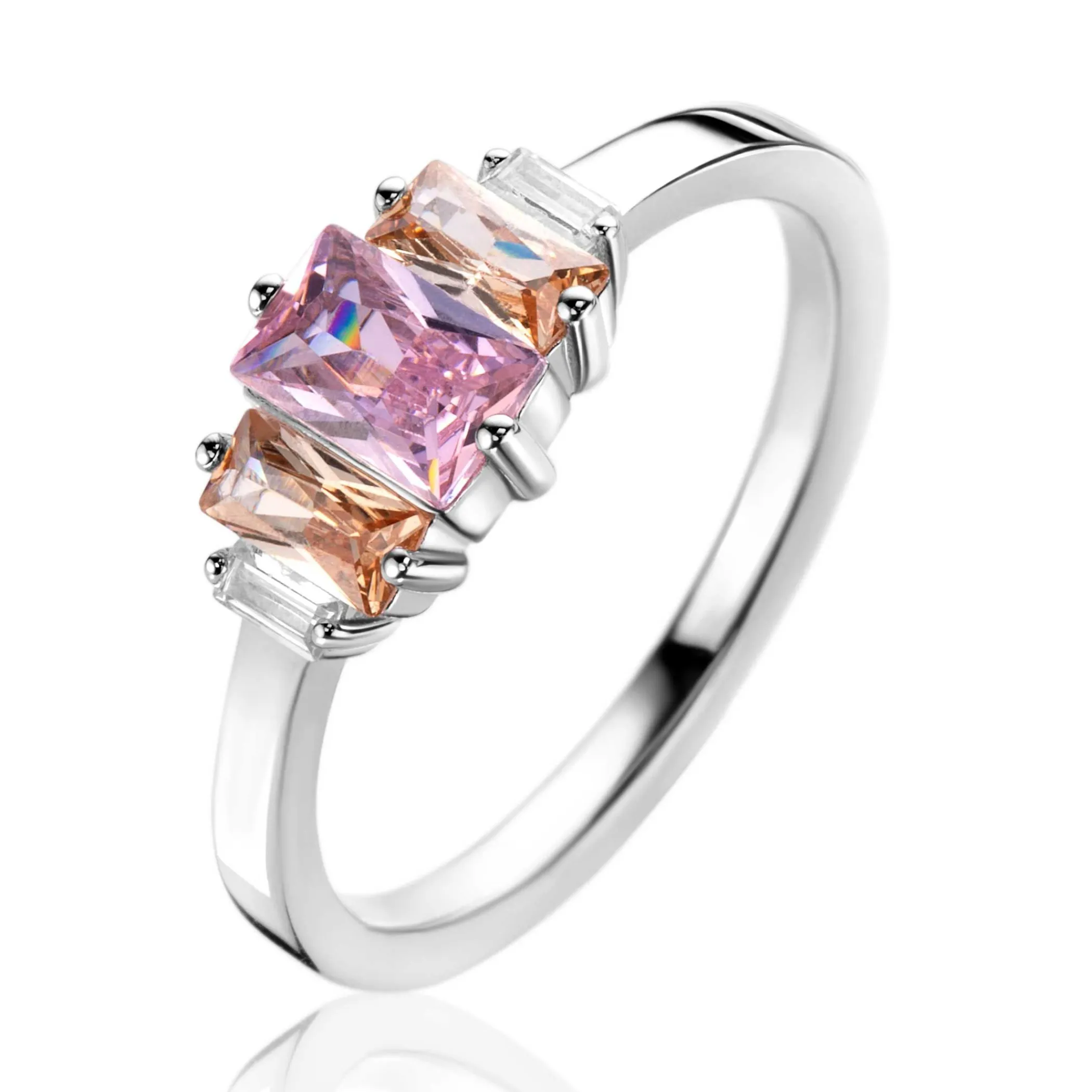 Online Zinzi zilveren ring, bezet met baguette geslepen zirconia's in de kleuren wit, champagne en roze ZIR2490