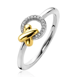 Discount Zinzi zilveren ring met extra 14K geel vergulde X-vorm en ronde vorm met witte zirconia's ZIR2260
