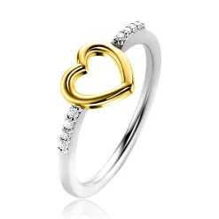 Clearance Zinzi zilveren ring met gold plated open hartje 8mm en witte zirconia's ZIR2566