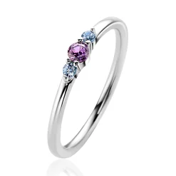 Clearance Zinzi zilveren ring met ronde chatonzettingen paarse en licht blauwe kleurstenen 3mm breed ZIR2564