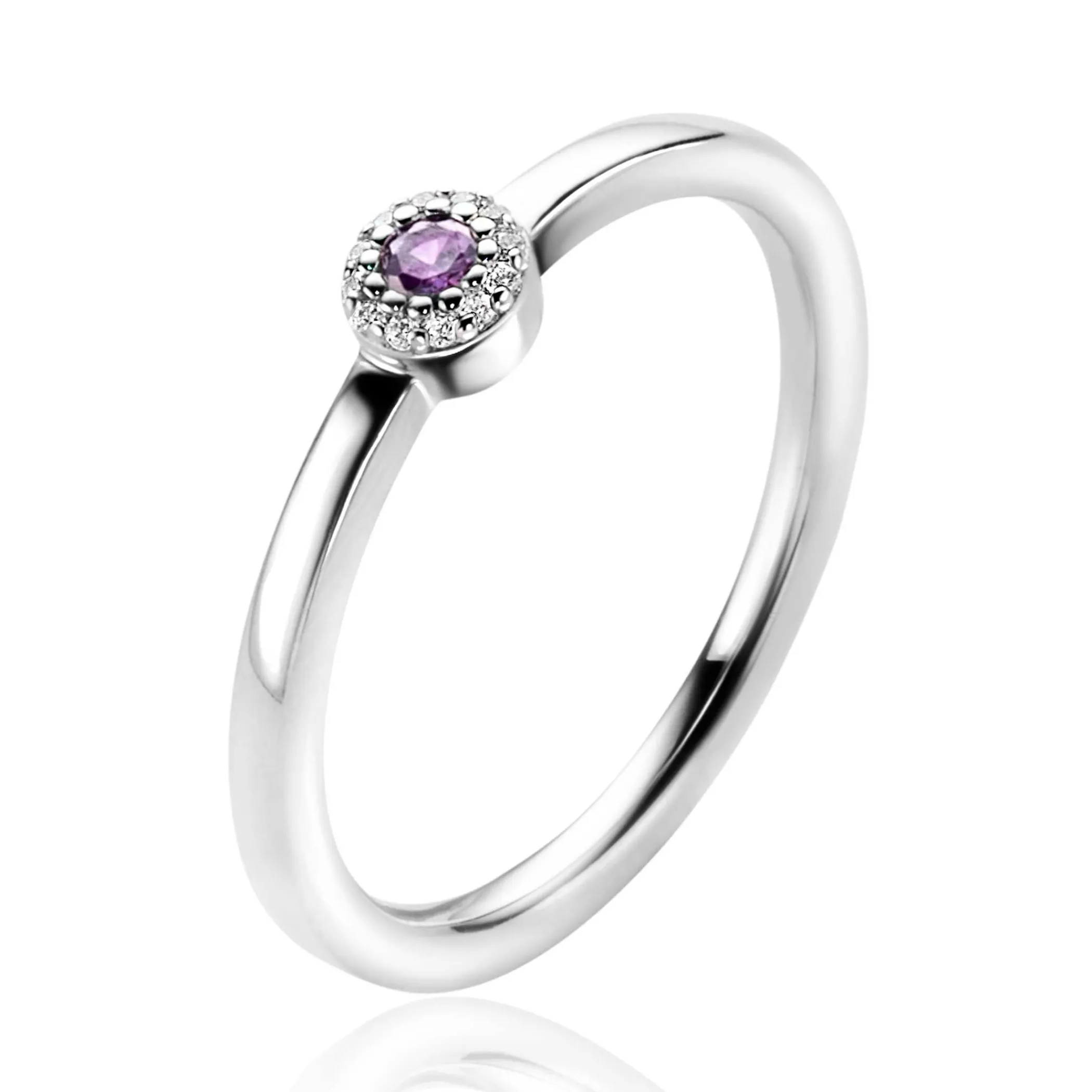 Online Zinzi zilveren ring ronde zetting met paarse kleursteen en rondom witte zirconia's 4,5mm breed ZIR2561