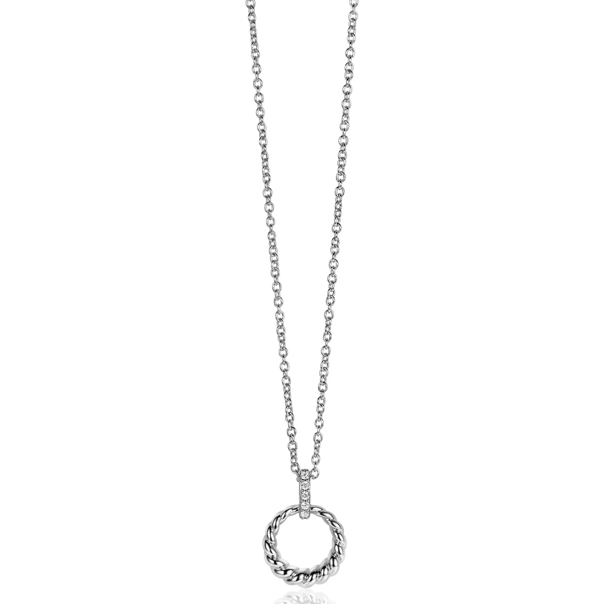 Clearance Zinzi zilveren ronde hanger 15mm gedraaid motief, hangoog bezet met witte zirconia's ZIH2403 (zonder collier)