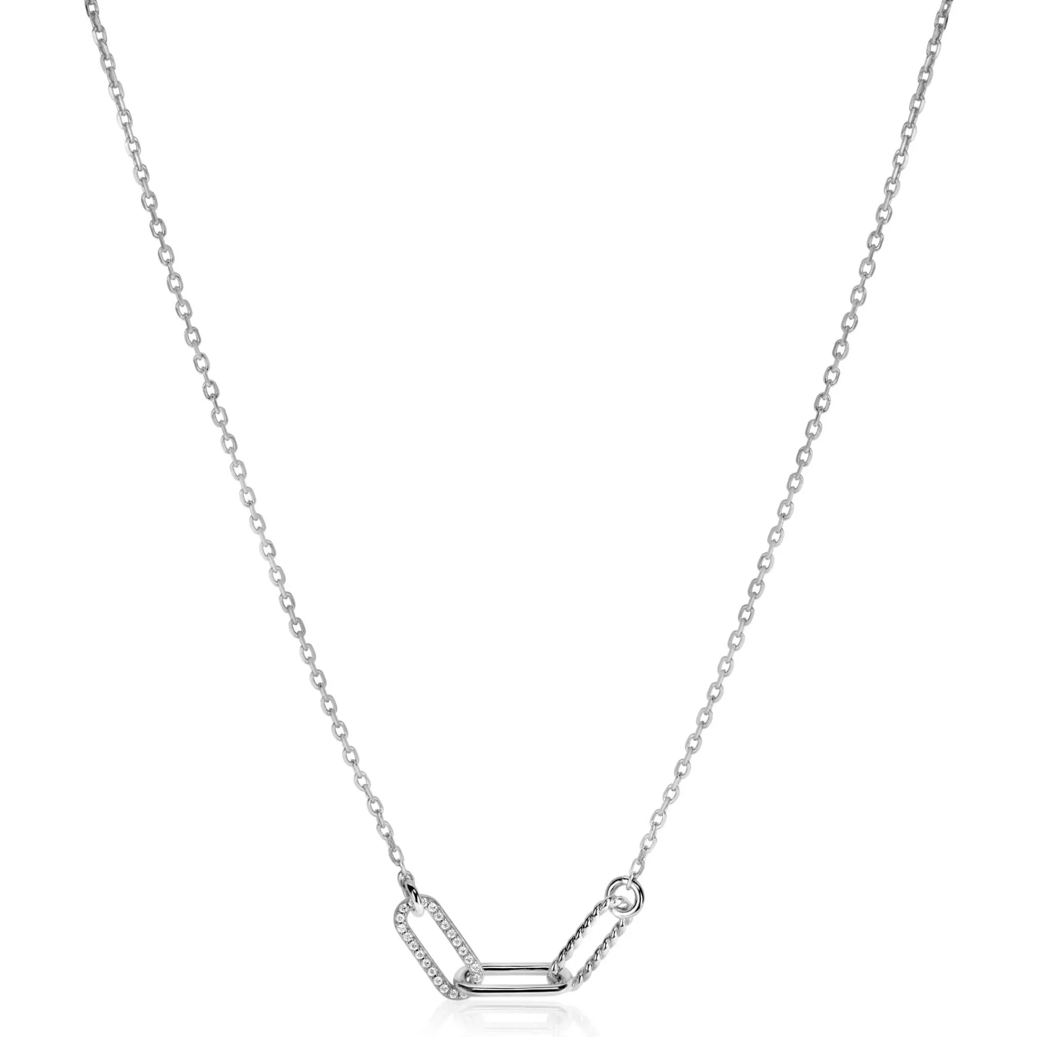 Hot Zinzi zilveren schakel ketting 45cm met drie paperclip schakels, glad bewerkt witte zirconia's ZIC2330