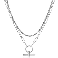 Zinzi zilveren schakel ketting 50cm met multilook: combinatie van gourmet en paperclip schakels en trendy T-bar bezet met witte zirconia's ZIC2462